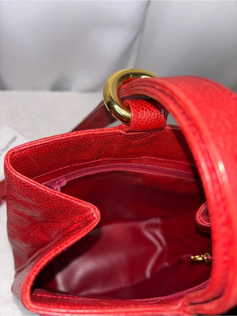CHANEL Vintage Red Caviar Leather CC Logo Shoulder Bag Tote Gold HW